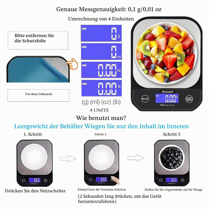 Rhorawill Kaffeewaage, Digitale Küchenwaage USB Aufladen, 5kg/0.1g Hochpräzise Digital Kaffee Skala