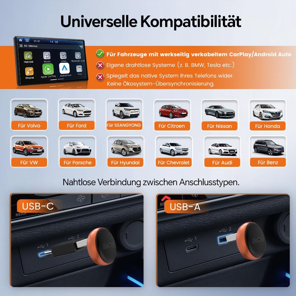 Carlinkit Mini Ultra 3 Wireless CarPlay Adapter, Wireless Android Auto Adapter, Wandelt OEM kabelgeb