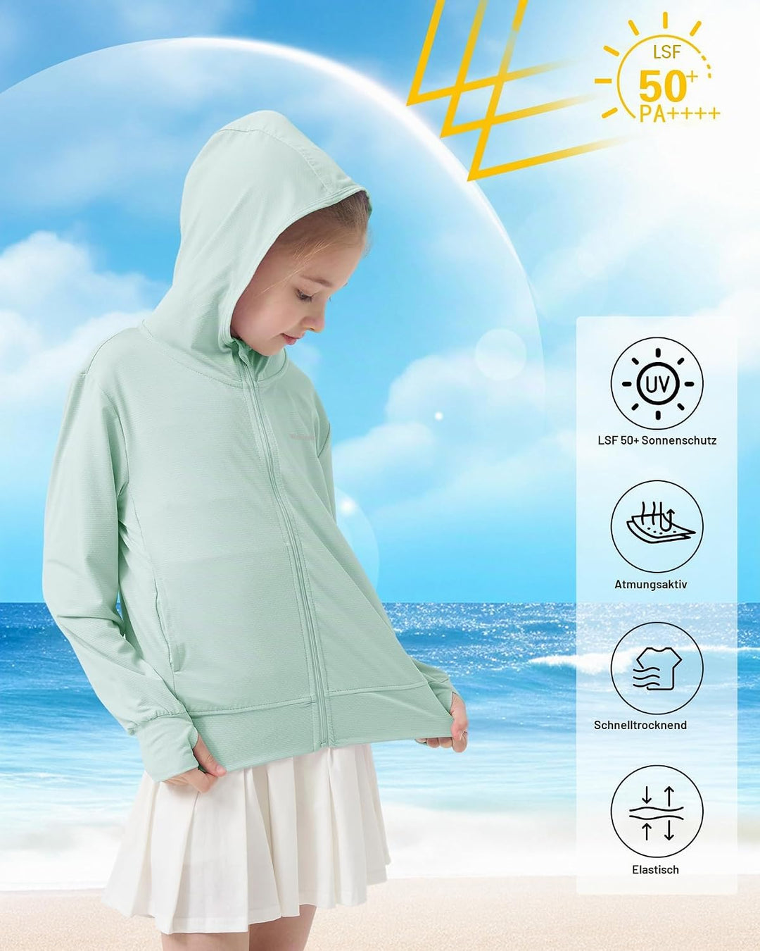 Rolanko Mädchen Sommerjacke mit Daumenlöchern Langarm Sonnenschutz Schnell Trocknend Reissverschluss