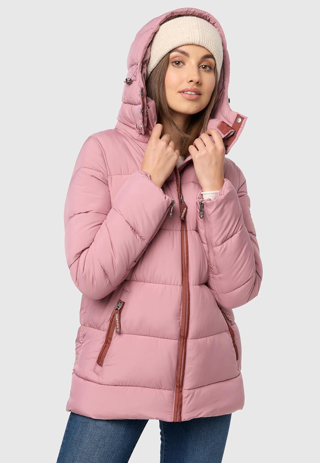 Navahoo Damen Kurze Winterjacke Steppjacke warm mit Abnehmbarer Kapuze aus recycelten Materialien Wa