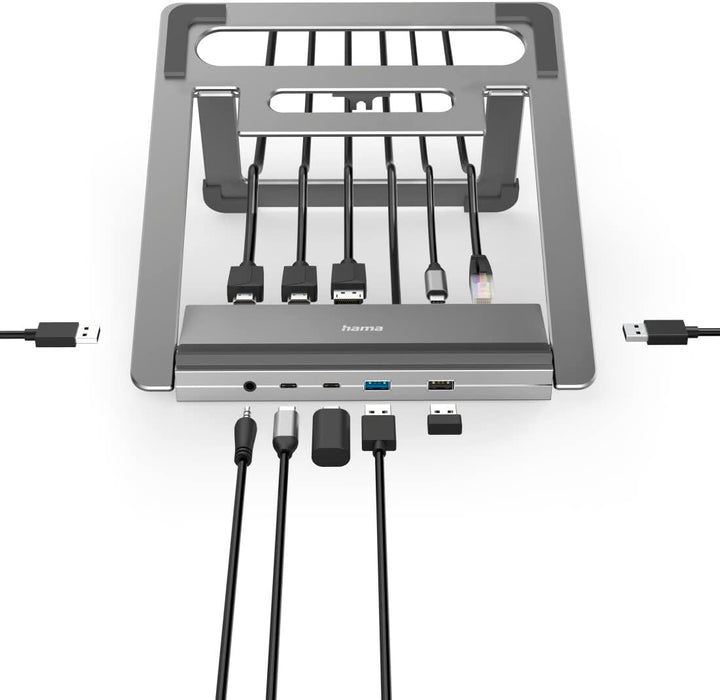 Hama USB C Hub Docking Station mit Laptop-Ständer 12 Ports (4X USB A, 2X HDMI, 3X USB-C, 1x DisplayP