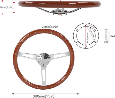 Klassisches Holzlenkrad， 380 Mm 15 Zoll Klassische Lenkradbaugruppe Walnussgriff 3 Speichen Genietet