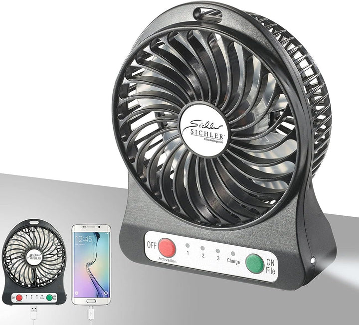 Sichler Haushaltsgeräte Ventilator mit Batterie: 3in1-Akku-Tisch-Ventilator mit Powerbank-Funktion &