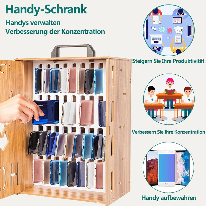 Handy Schrank Abschliessbarer Handy Safe aus Holz 36 Schlitze Wandmontierte Handy aufbewahrungsbox,
