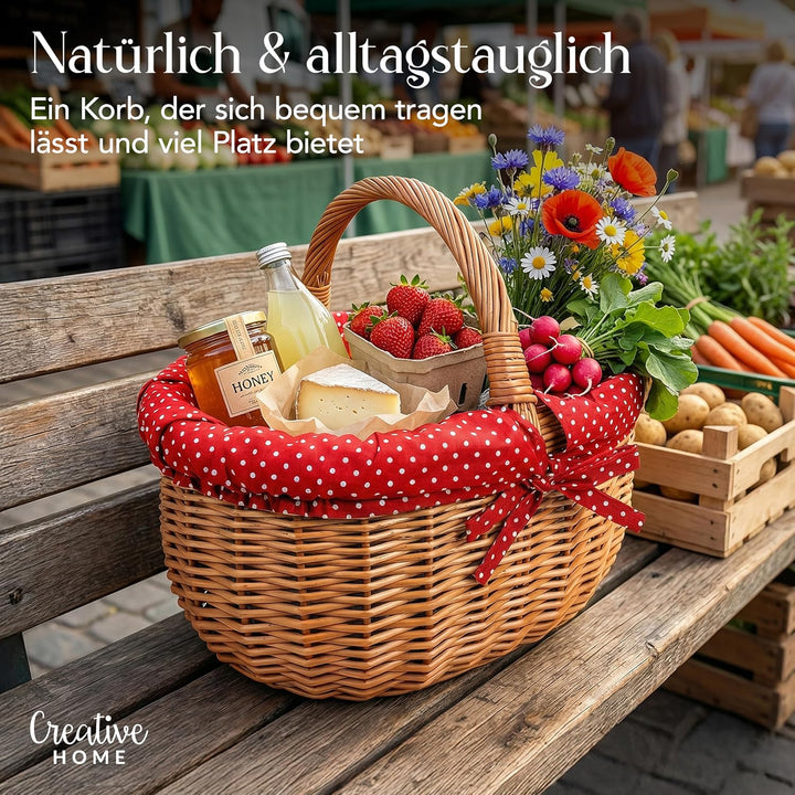Creative Home Grosser Picknickkorb mit Stoffeinlage Rot mit Pünktchen Weidenkorb mit Henkel | Einkau
