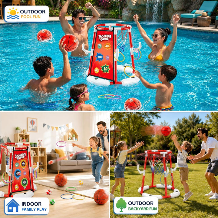 Ronronner 3-in-1 Pool Basketballkorb für Den Pool, Pool Spielzeug mit Sticky Ball Toss & Ring Toss,