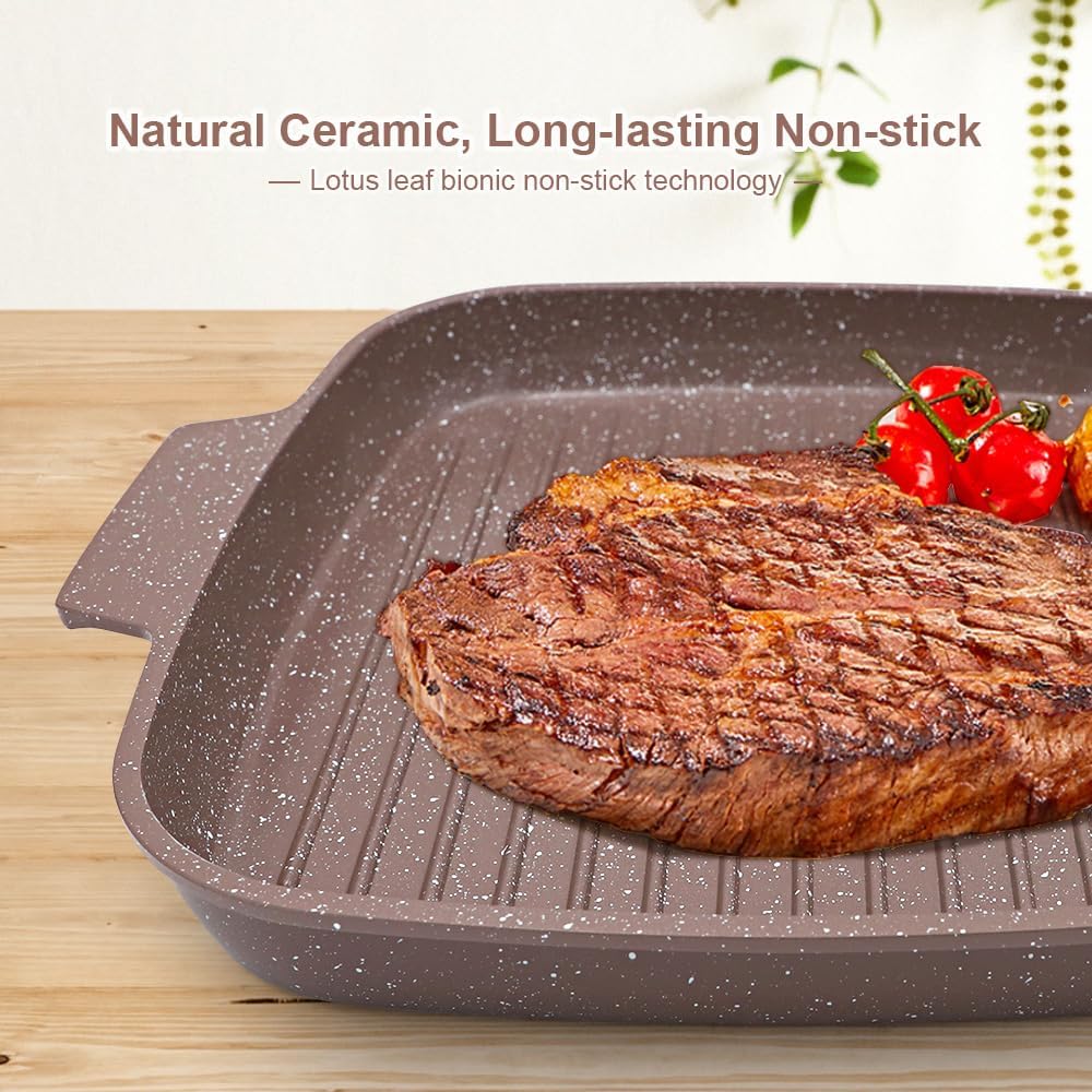 Grillpfanne Induktion mit Deckel 26 x 24 cm, Antihaft Keramikbeschichtung Grill Pfanne mit Abnehmbar