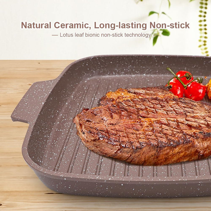 Grillpfanne Induktion mit Deckel 26 x 24 cm, Antihaft Keramikbeschichtung Grill Pfanne mit Abnehmbar