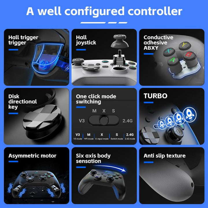 UHM PC Controller, Wireless 2.4G PC Gaming Controller PC Android Switch iPhone 6 Axis-Gyroskop,Hall-