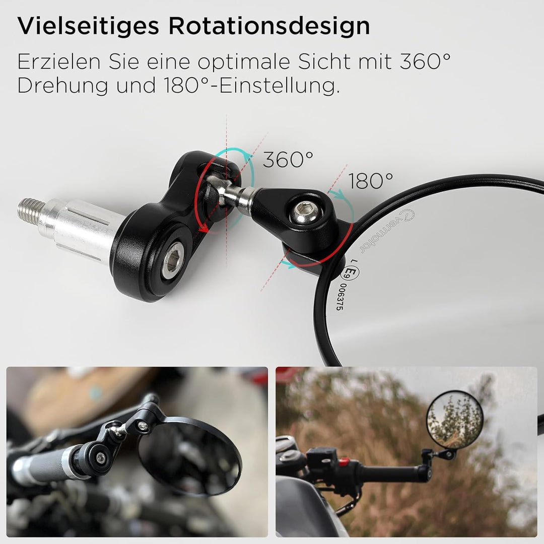 evermotor Motorrad Spiegel, Lenkerendenspiegel E-geprüft, 360°Drehbar, Runde kompatibal mit Scooter,