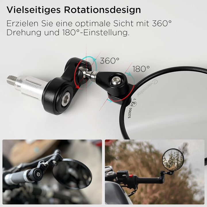 evermotor Motorrad Spiegel, Lenkerendenspiegel E-geprüft, 360°Drehbar, Runde kompatibal mit Scooter,