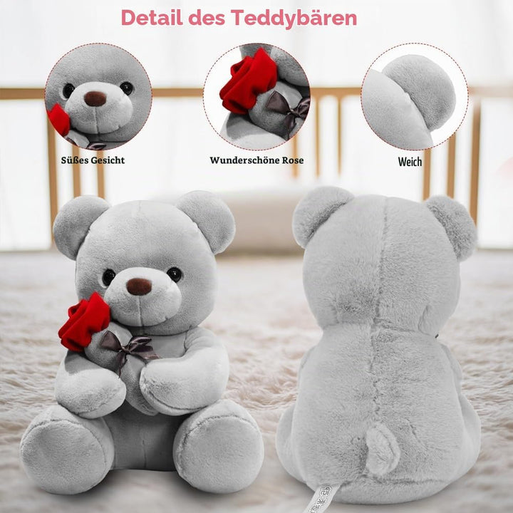 Teddybär, Plüsch-Bär, Teddy mit Rose, 23 cm Plüschtier Kuscheltier Grau, Grau