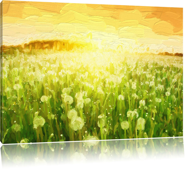 Pixxprint Pusteblumenwiese bei Sonnenuntergang Pinsel Effekt, Format: 100x70 auf Leinwand, 100x70