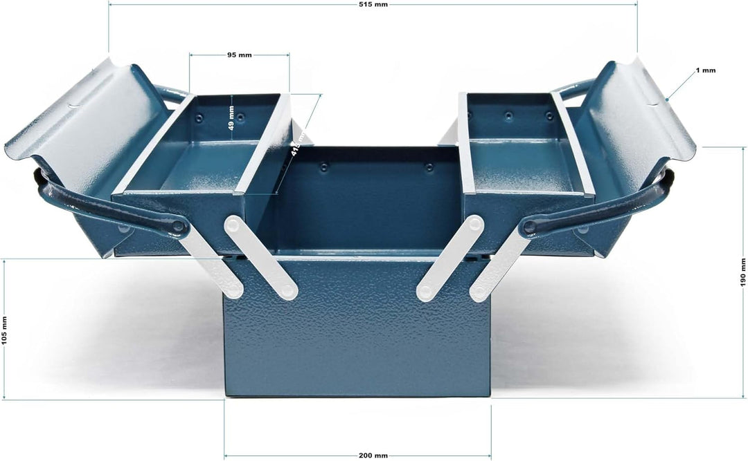 Wiltec Werkzeugkiste 420x200x160mm aus Stahl mit 3 Fächern, beständiger Werkzeugkasten mit Handgriff