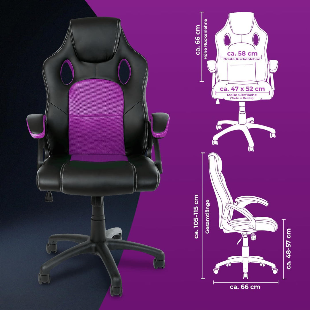 Gamer Stuhl Gaming Schreibtischstuhl Chefsessel Bürostuhl Ergonomisch, Lila, 9 Farbvarianten, gepols
