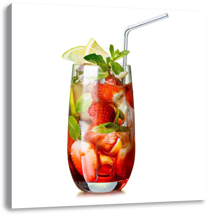 Pixxprint Leckerer Erdbeercocktail mit Zitrone und Minze, Format: 70x70 auf Leinwand, 70x70