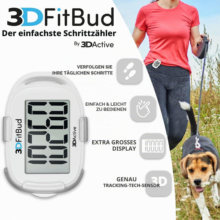 3DFitBud Einfacher Schrittzähler Gehen 3D-Schrittzähler mit Clip und Umhängeband, A420S Weiss mit Cl