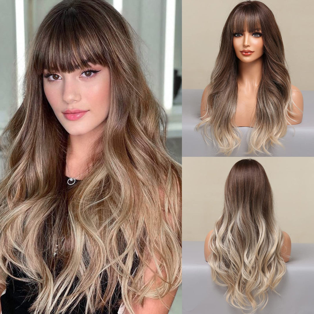 HAIRCUBE Ash Blonde Perücke mit Pony Lange Ombre Braun bis Blonde Lockige Perücken für Frauen Natürl