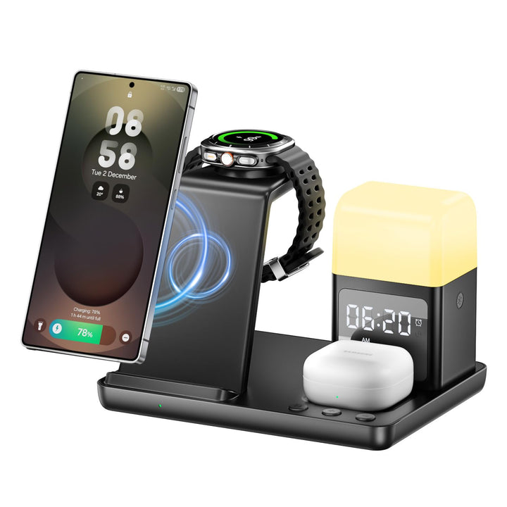 6 in 1 Induktive Ladestation,15W Wireless Charger mit Wecker und Nachtlicht, Kabelloses Ladegerät ko