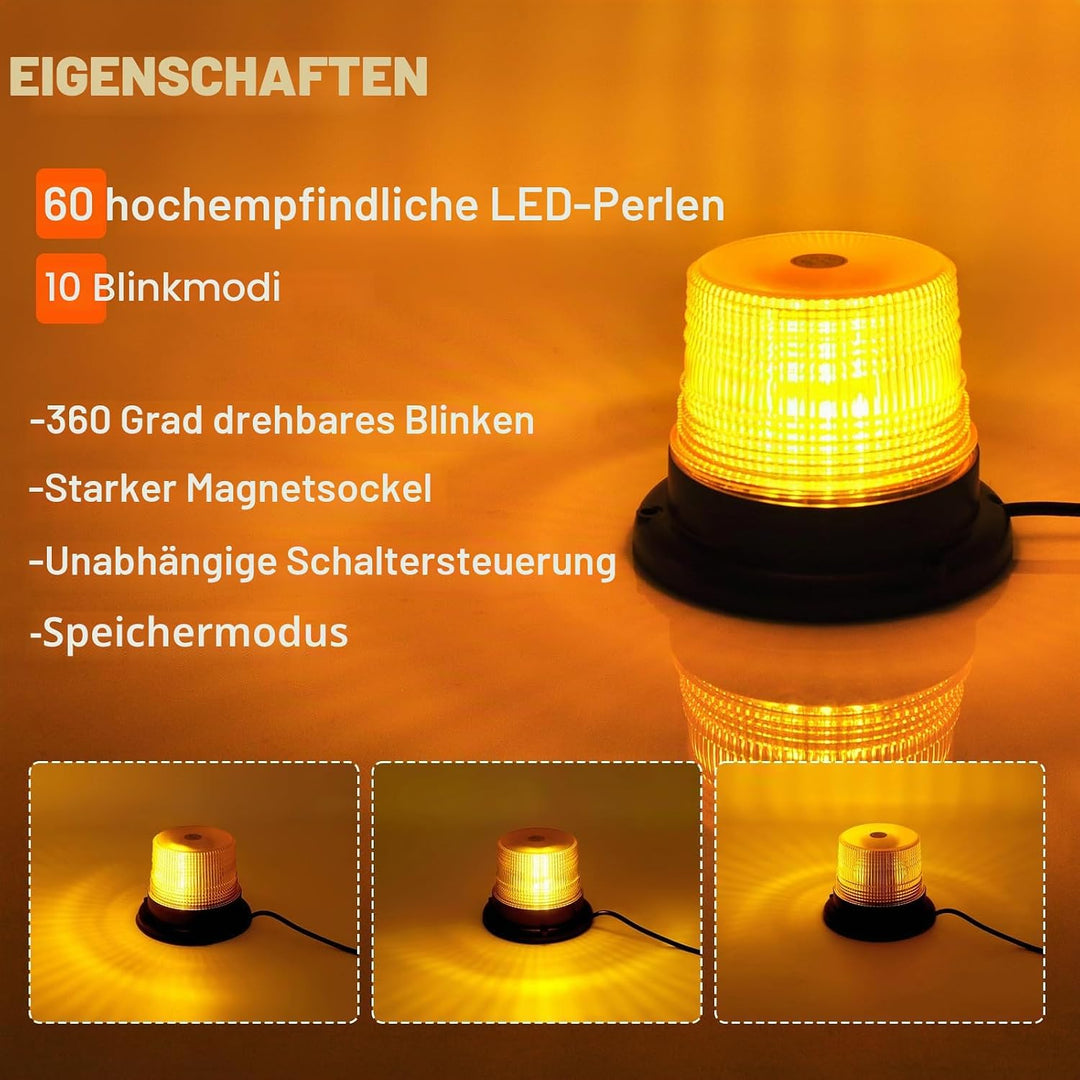 AnTom LED Rundumkennleuchte,12V-24V Gelb Rundumleuchte mit magnetischem und 3 Meters-Kabel für Gabel