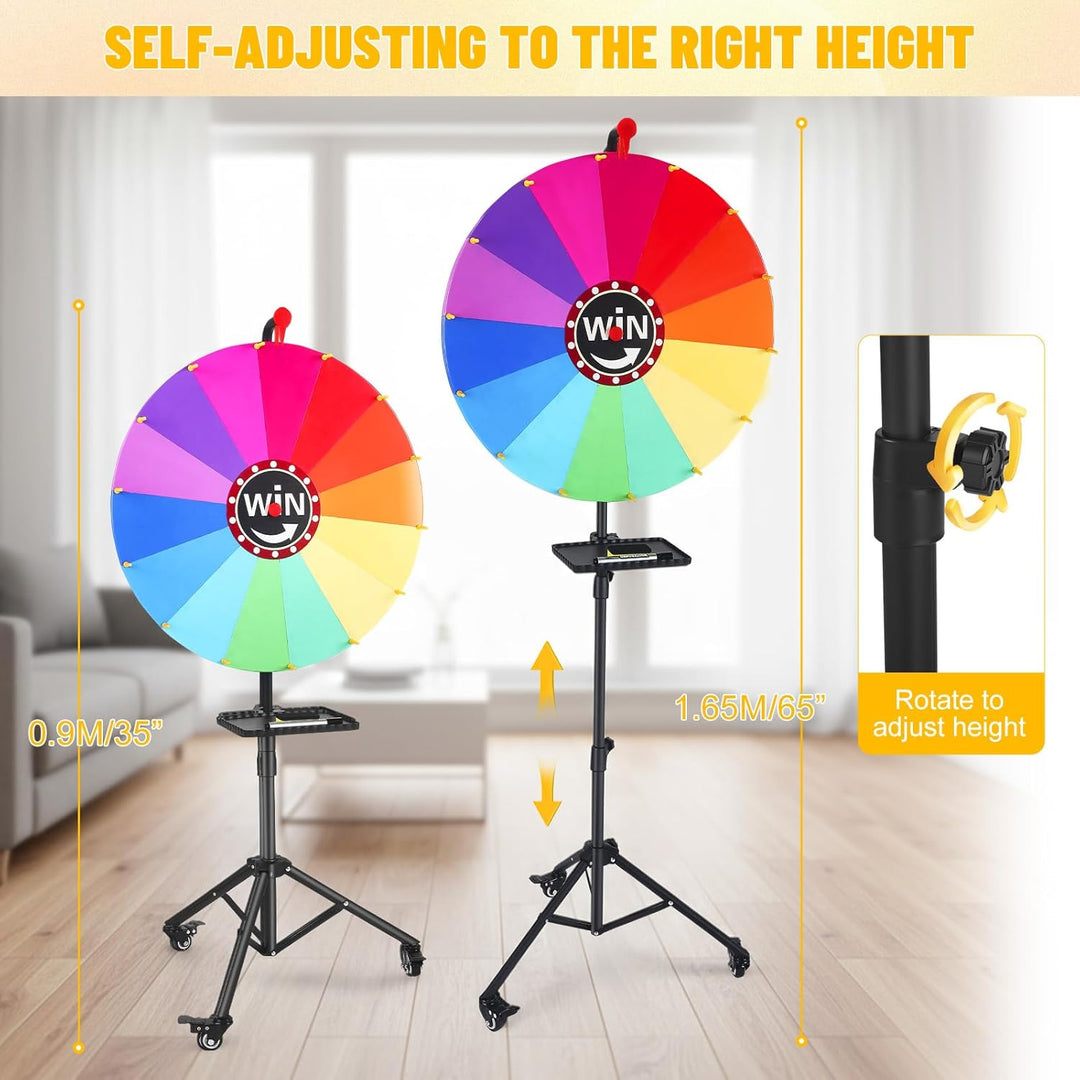 Glücksrad 60 cm, Glücksrad zum Drehen mit 360°-Drehrollen, 14 Steckplätze, Höhenverstellbar 90-165cm