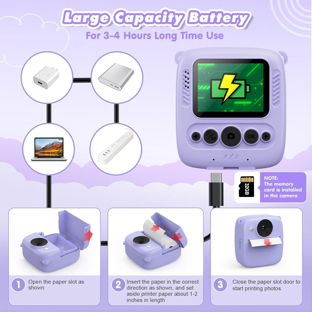 CalineGam Kinderkamera Sofortbildkamera, 48MP Sofortbildkamera Kinder mit 32GB Karte & Druckpapier,