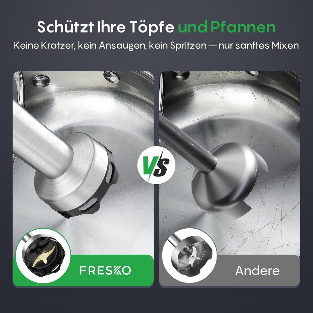 FRESKO Stabmixer 1000W, Pürierstab Edelstahl mit Schutzhülle für Kochgeschirr, Stufenlos Geschwindig