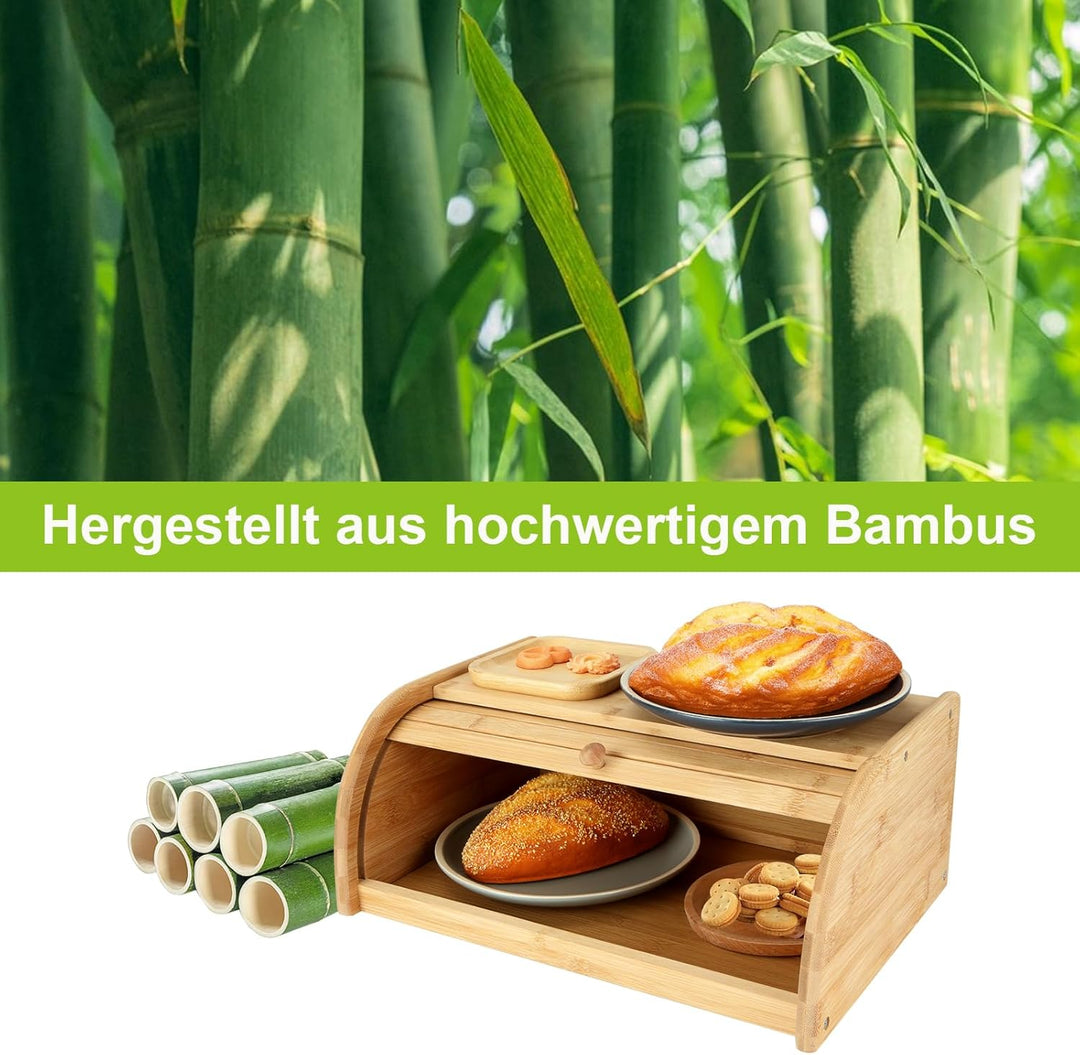 Brotkasten Holz, Brotkästen aus Bambus, 40 x 27 x 16,5 cm, Brotbox aus Holz mit Rolldeckel, Aufbewah