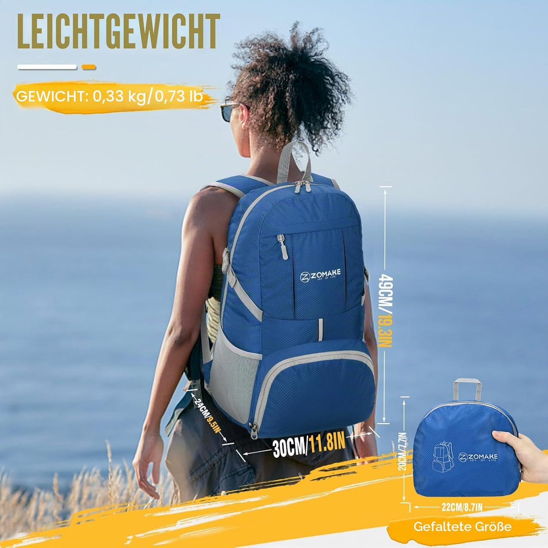 ZOMAKE Faltbarer Rucksack 35L,Leichter Rucksäcke Wasserdicht Wanderrucksack Packable Backpack für Da
