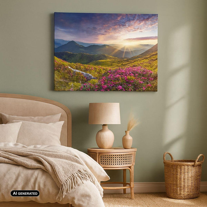 Bilder auf Leinwand 100x70cm Leinwandbild Gebirge Wiese Landschaft Wald Gross Wanddeko Bild Schlafzi