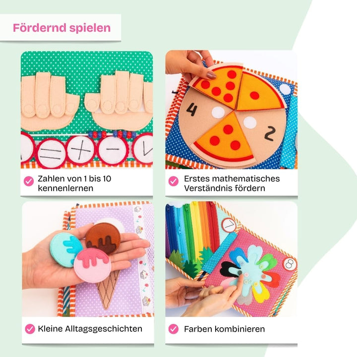 Jolly Designs – 1,2,3 – 10 Seiten Premium - Quiet Book – Montessori Spielzeug ab 3 Jahren – Motorik