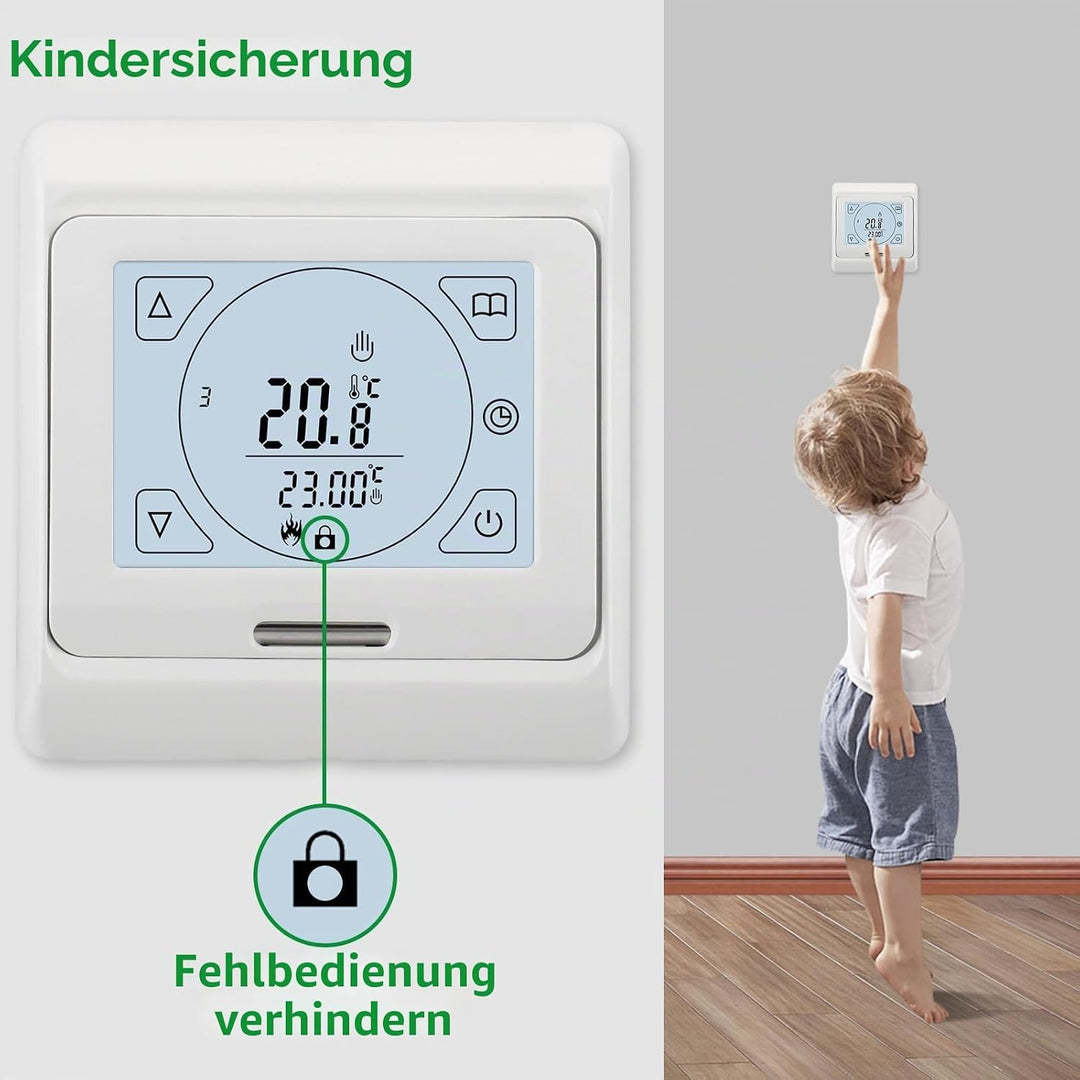 Wengart Digital Raumthermostat mit Touchscreen für elektrische Heizungen WG809,Unterputz Montage Woc