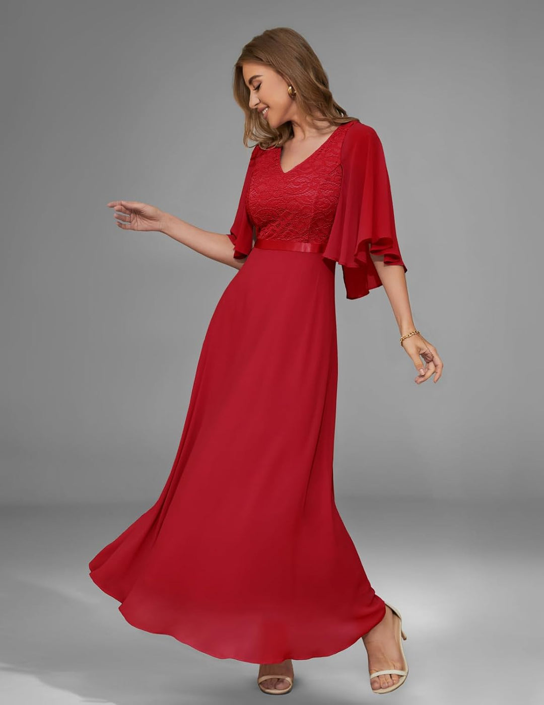 DRESSTELLS Abendkleid Damen Festlich Spitzenkleid für Hochzeit Chiffon Cape Ärmel Ballkleid Elegant