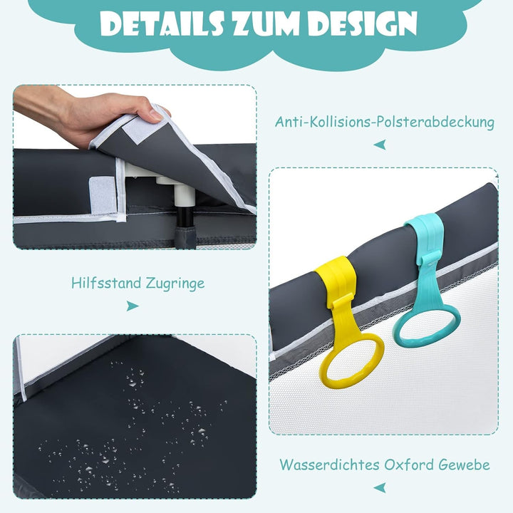 DREAMADE Laufstall Baby, 124 x 124 cm Laufgitter Klappbar mit 50 Spielbällen & 4 Zugringen, Schutzgi