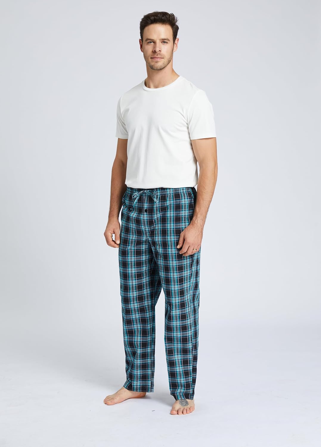 Jveyvth Herren 100% Baumwolle Pyjamahose, Gewebte kariert Schlafhose Loungewear Pyjama Hose mit Tasc