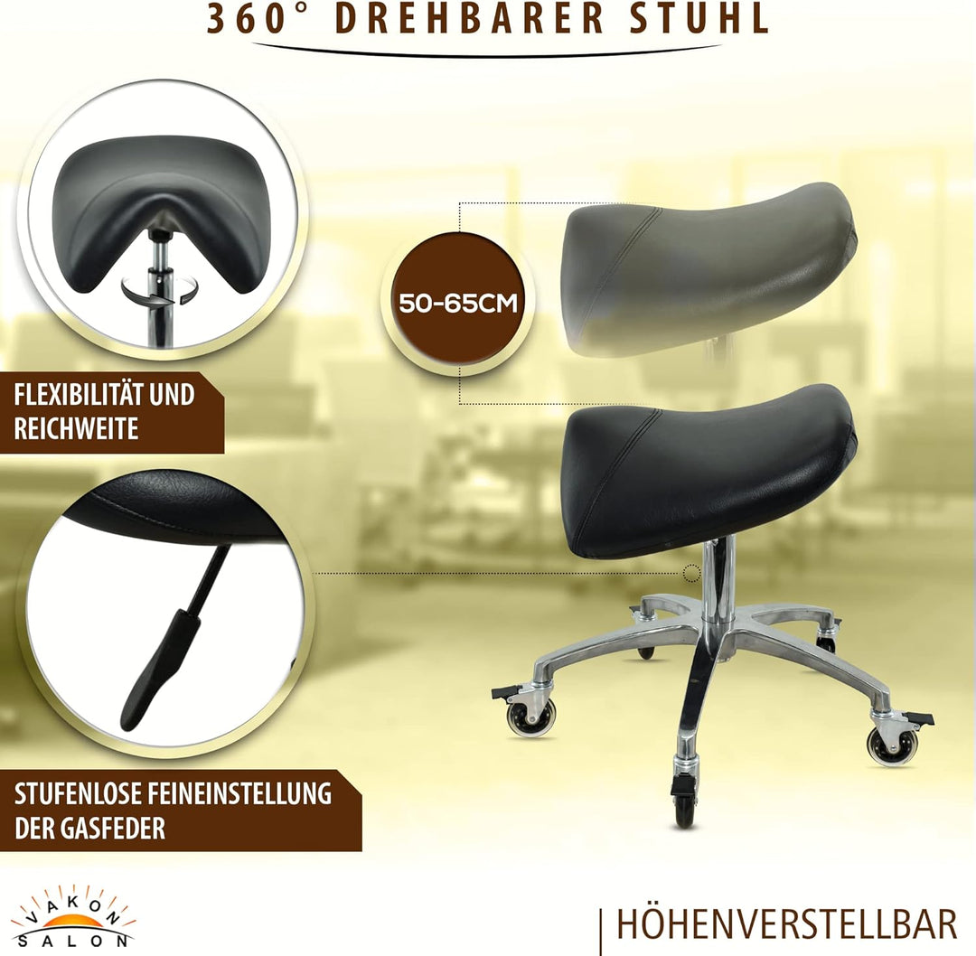 Premium Sattelhocker schwarz mit Bremse, Sattelstuhl für Rückenentlastung, Rollhocker höhenverstellb
