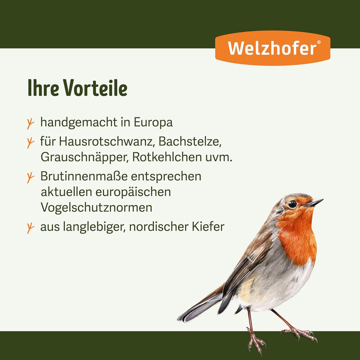 Welzhofer Nistkasten David, Halbhöhle Vogelhaus, handgemacht in Europa, für Hausrotschwänze, Bachste