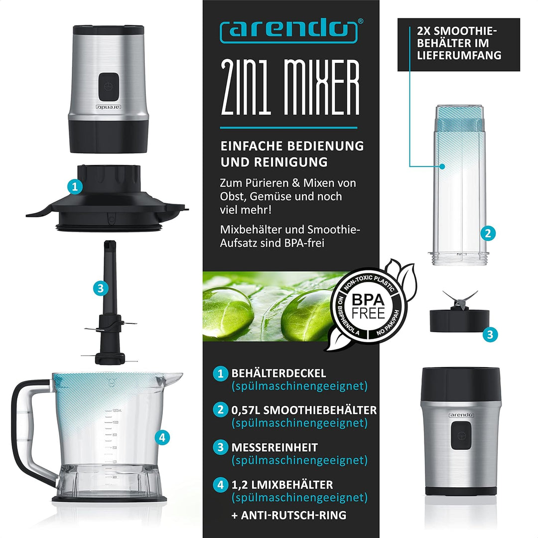 Arendo - Edelstahl Standmixer 700W - 2in1 - Smoothie Maker - 1,2l Fassungsvermögen inkl. 2x 0,57l Sm