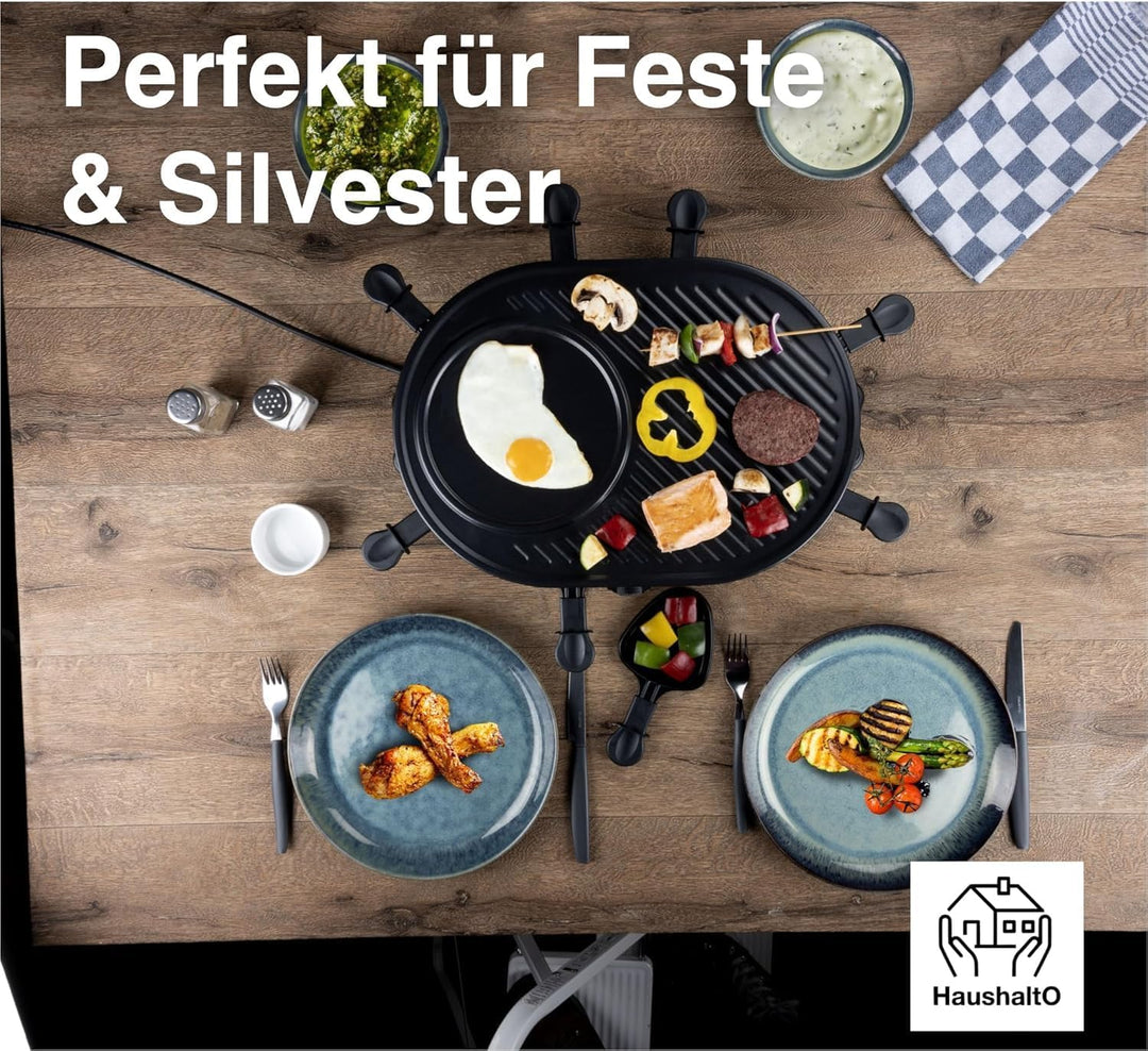 Raclette Set für 8x Personen - antihaftbeschichtet- Tischgrill inkl. Pfännchen & Schaber (Rund), Run