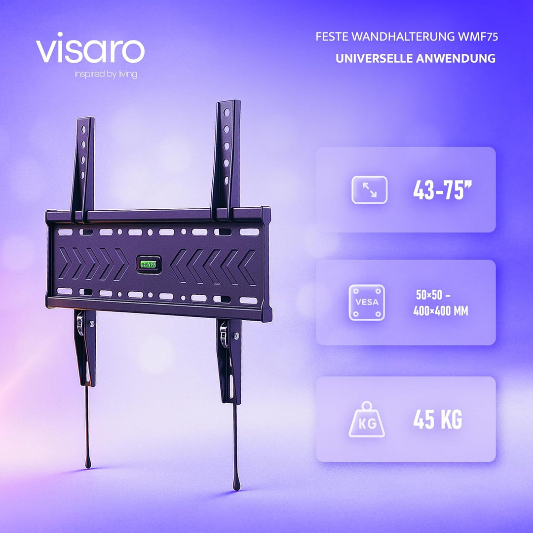 Visaro WMF75 TV Wandhalterung, Feste Halterung für 43-75 Zoll, Flach & Universal LED/LCD/OLED Fernse