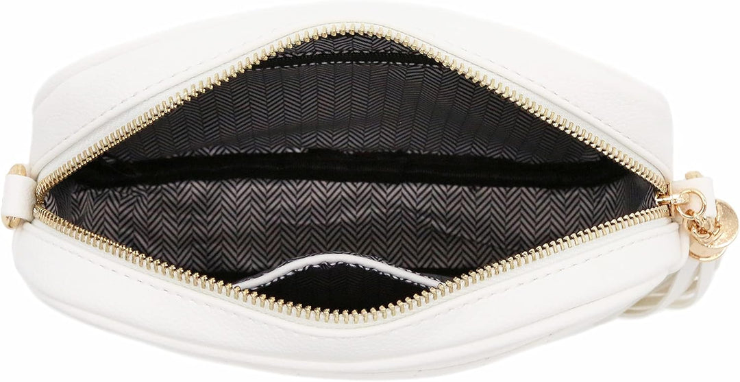 FashionPuzzle Chevron gesteppte Crossbody-Kameratasche mit Kettenriemen und Quaste Weiss/Opulenter G