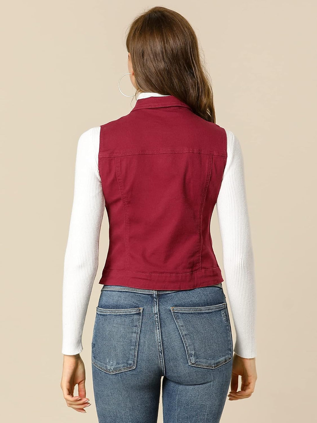 Allegra K Damen Jeansweste Ärmellos Knopfleiste Denim Rever Jacke Westen mit Taschen XS Burgund, XS