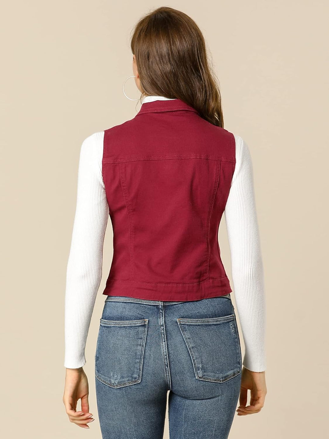 Allegra K Damen Jeansweste Ärmellos Knopfleiste Denim Rever Jacke Westen mit Taschen S Burgund, S Bu