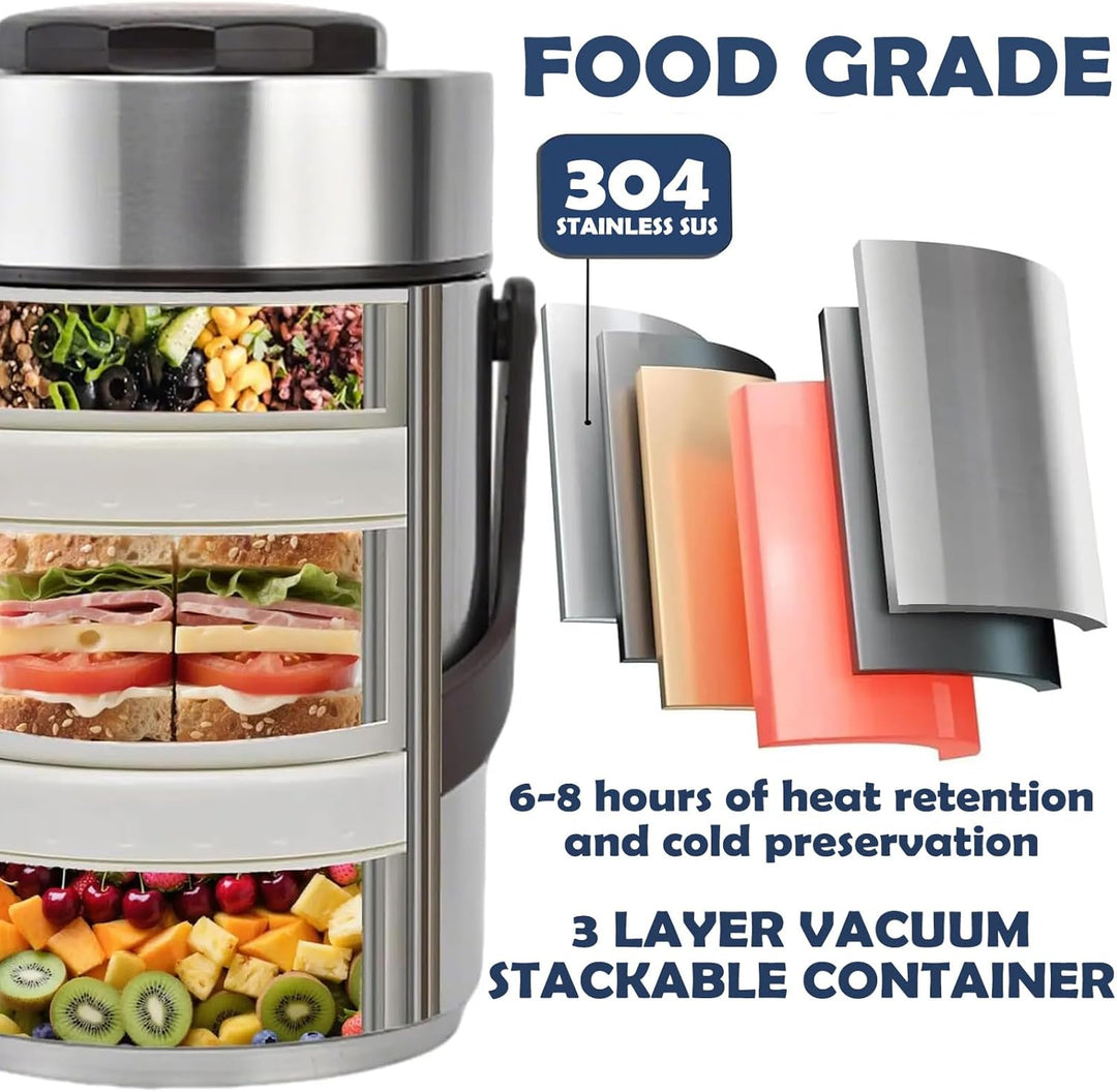 Thermobehälter für Essen, 2L Edelstahl Lunchbox, 3 Lagiger Isolierter Lebensmittelbehälter, Isoliert