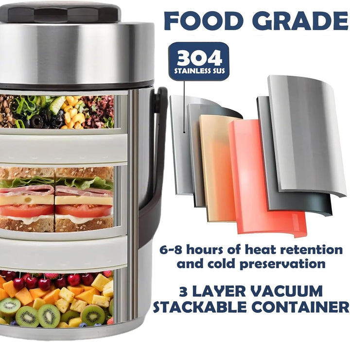 Thermobehälter für Essen, 2L Edelstahl Lunchbox, 3 Lagiger Isolierter Lebensmittelbehälter, Isoliert