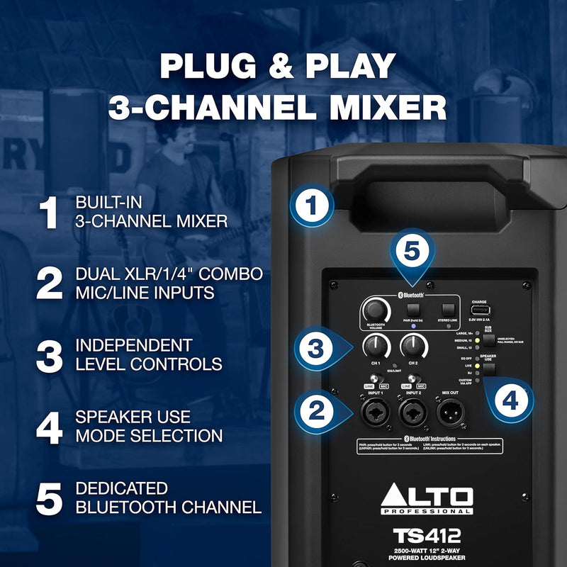 Alto Professional TS412–2500W 12" Aktiver PA-Lautsprecher mit 3- Kanal Mixer, Bluetooth-Streaming, d