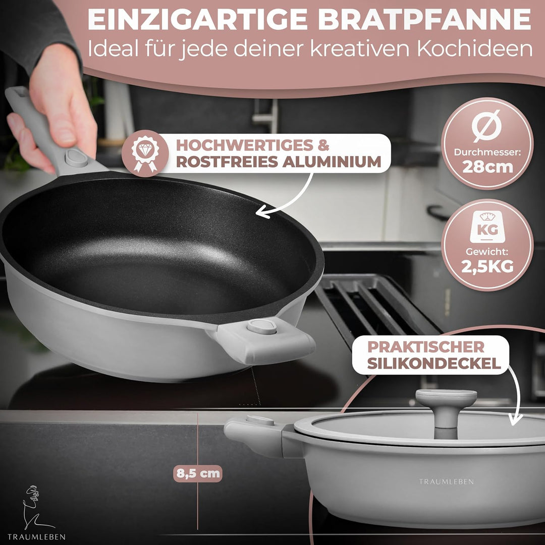 Bratpfanne 28 cm mit Deckel, abnehmbaren Griffen & Antihaftbeschichtung, PFOA-frei, für Induktion ge