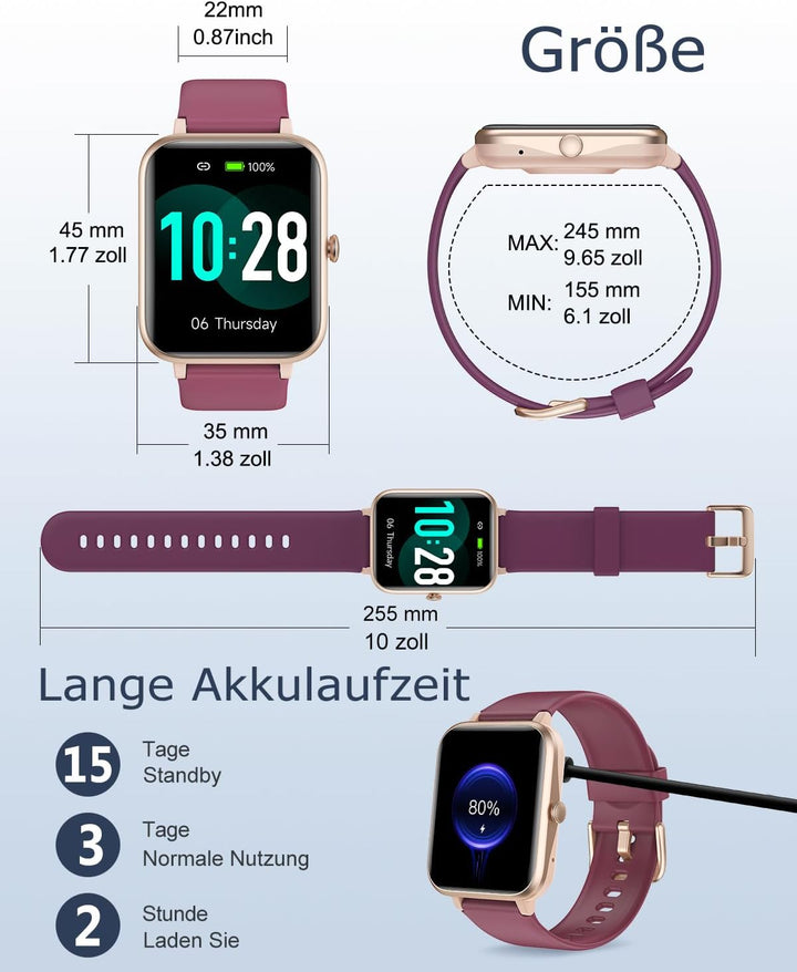 GRV Smartwatch für Damen Herren mit Telefonfunktion,Fitnessuhr mit Herzfrequenzmessung,SpO2,Schrittz