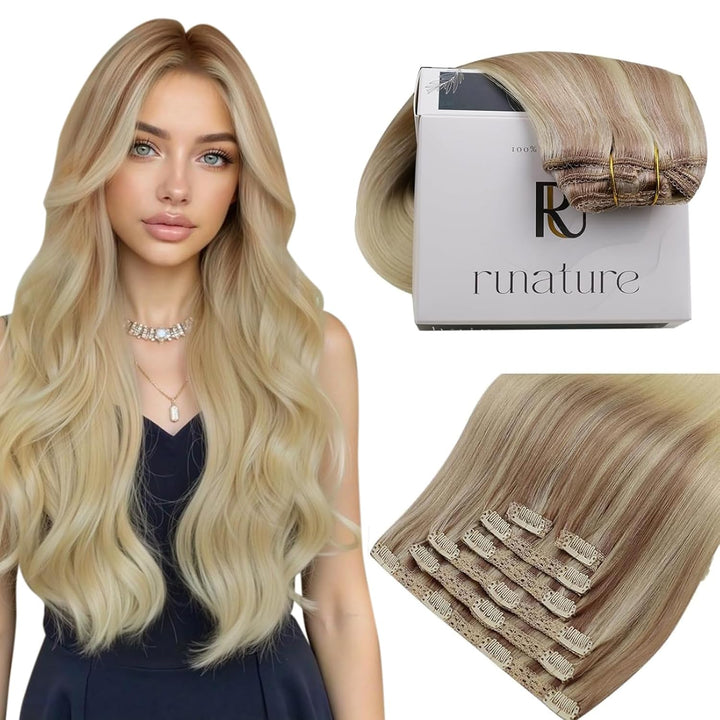 RUNATURE Blond Clip in Extensions Echthaar 45cm 7Pcs Balayage Clip Extensions Echthaar Ombre Blond H
