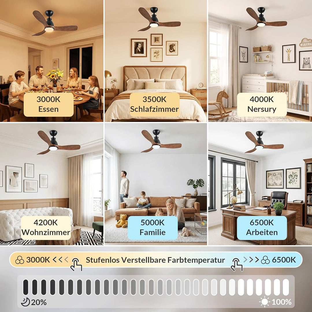 Newday Deckenventilator Holzfarbe mit Licht, 106cm Deckenventilatoren mit Fernbedienung Leise, Venti
